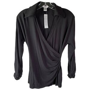 Cache Blouse Womens Size S Black Long Sleeve Collared Wrap Top V-Neck Ruched NWT